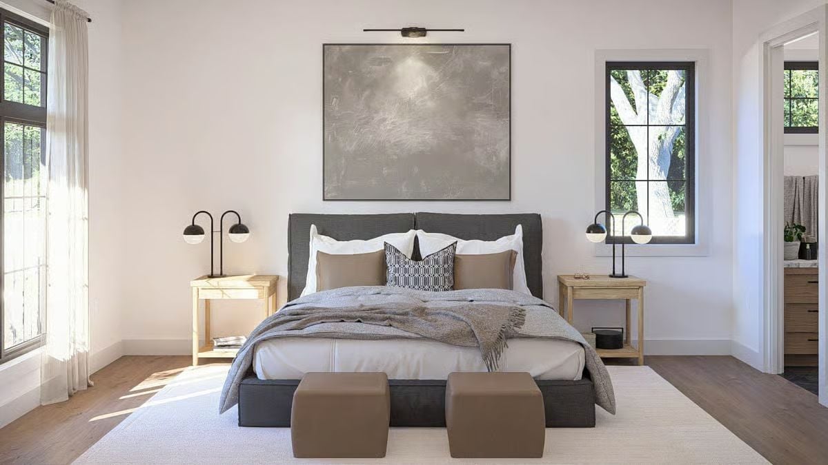 Layered Grays and Warm Wood Make This Primary Bedroom Feel Grounded