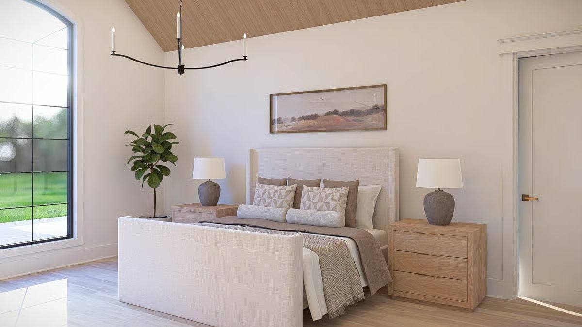 Vaulted Bedroom Where Wood Ceiling Planks and Candlestick Chandelier Set the Tone