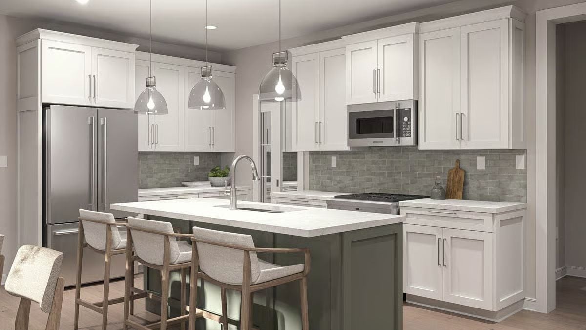 Sage Island Base and Glass Pendants Keep This Kitchen Grounded and Light