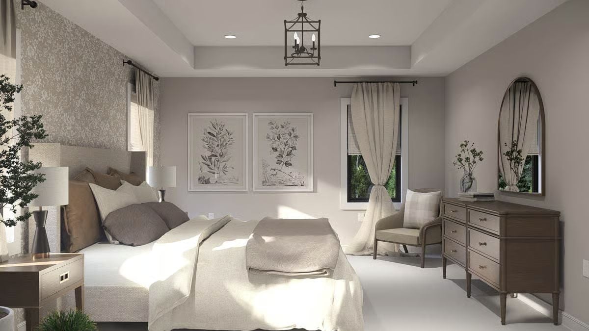 Botanical Prints and a Lantern Pendant Anchor This Bedroom's Quiet Elegance