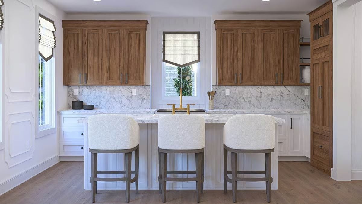 Warm Wood Uppers and a Brass Faucet Make This Kitchen Hard to Walk Past
