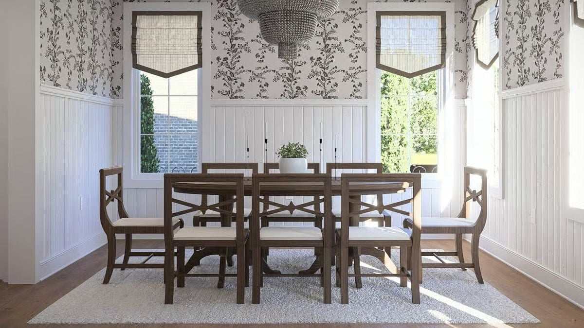 Floral Wallpaper and an Arched Chandelier Make This Dining Room Feel Dressed Up