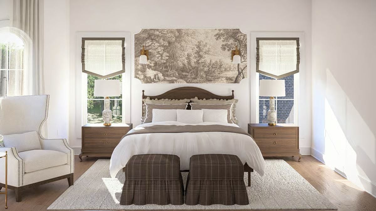 Toile Art and Plaid Ottomans Keep This Primary Bedroom Grounded in Tradition