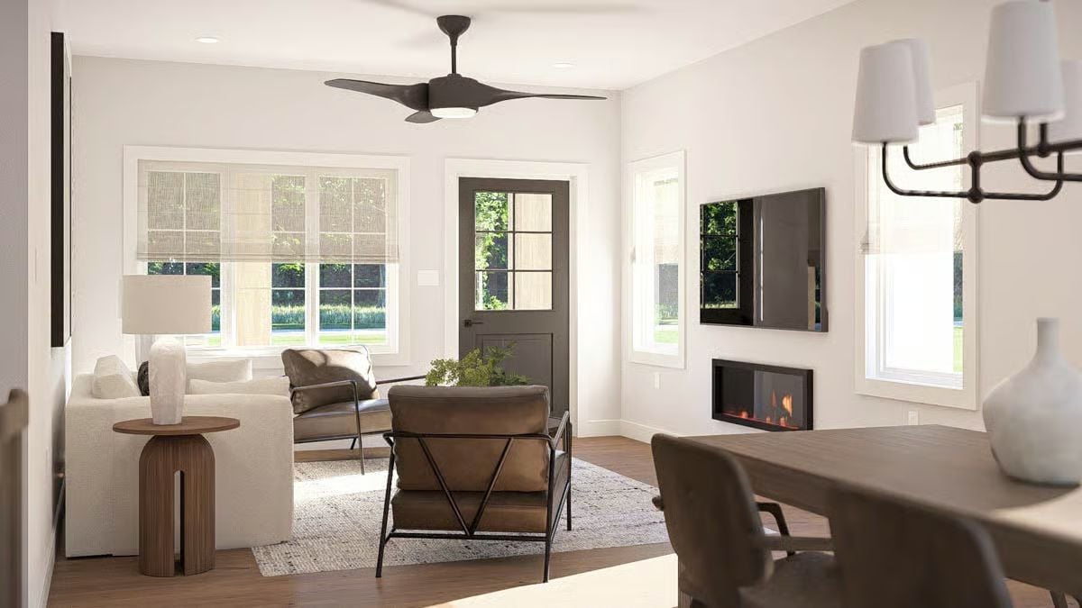 Leather Chairs and a Linear Fireplace Keep This Living Room Grounded