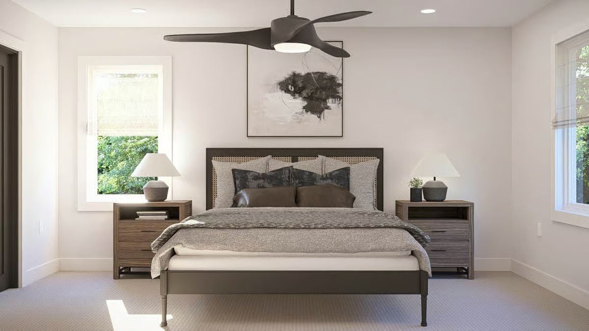 Dark Walnut Nightstands and Cane Headboard Give This Bedroom Real Texture