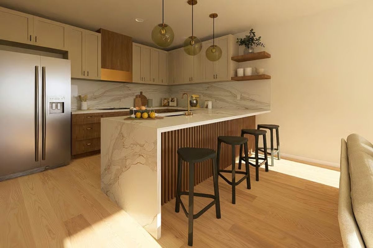 Fluted Wood Panels and Marble Waterfall Make the Island Worth the Real Estate