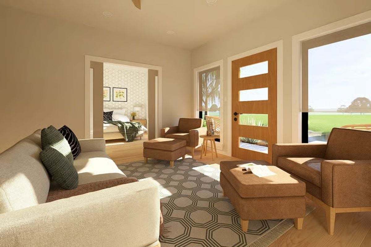 Sunlit Living Room Connects to the Bedroom Without Losing Its Own Identity