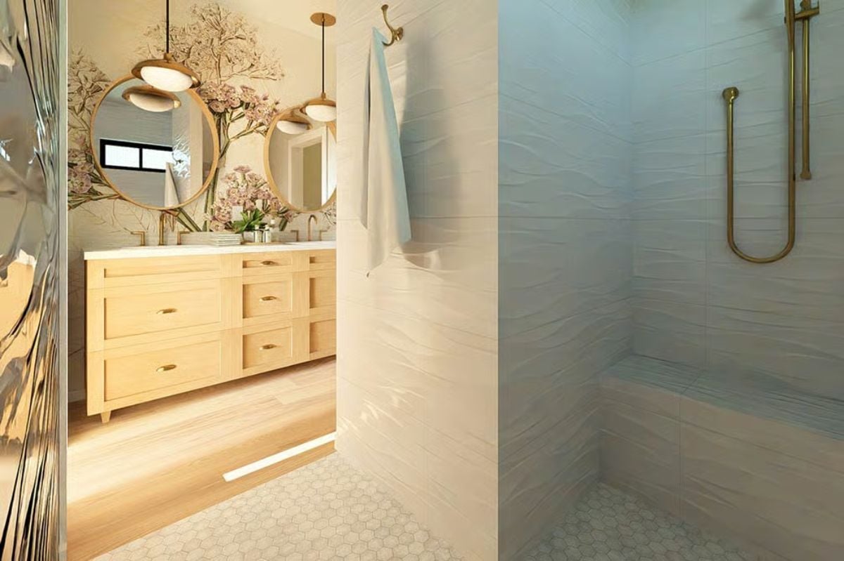 Gold Hardware and Wavy Tile Give This Shower Its Personality