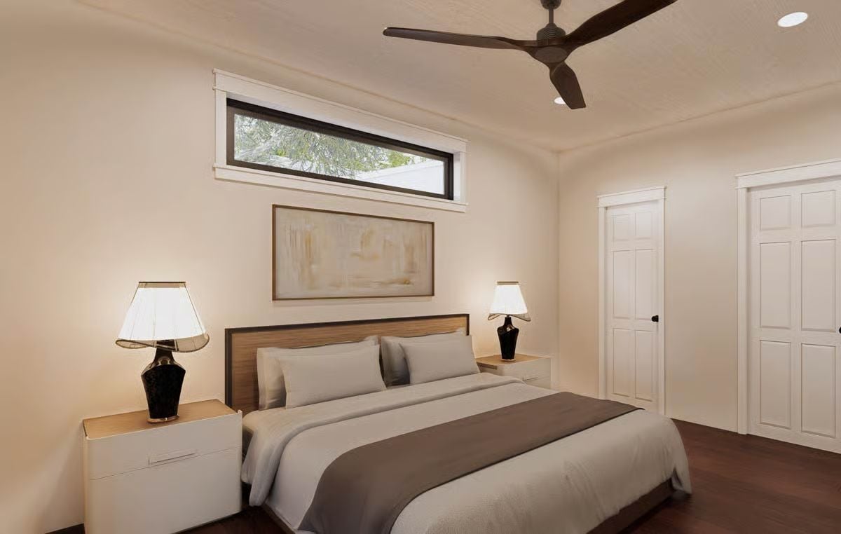 Clerestory Window, Dark Fan, Two Lamps: Bedroom Lighting Done Right