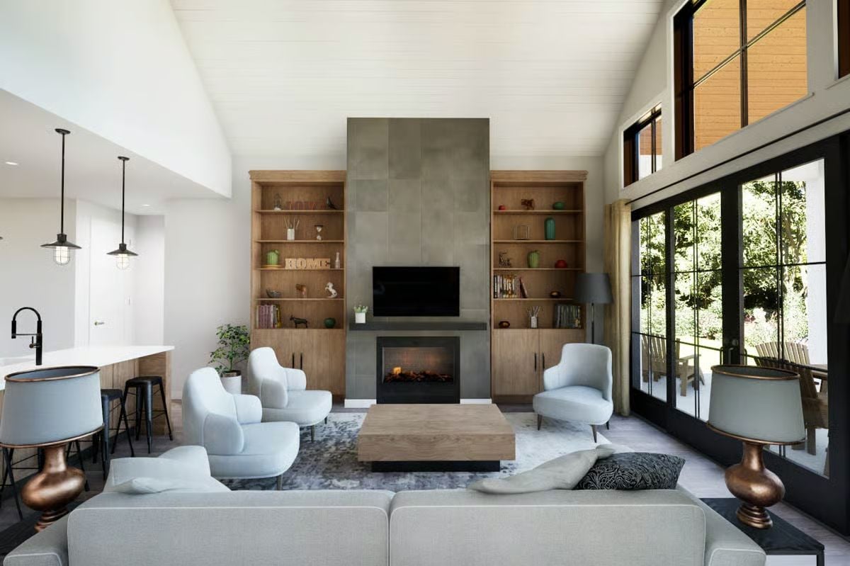 Concrete Fireplace Surround Anchors a Living Room Built Around Natural Wood