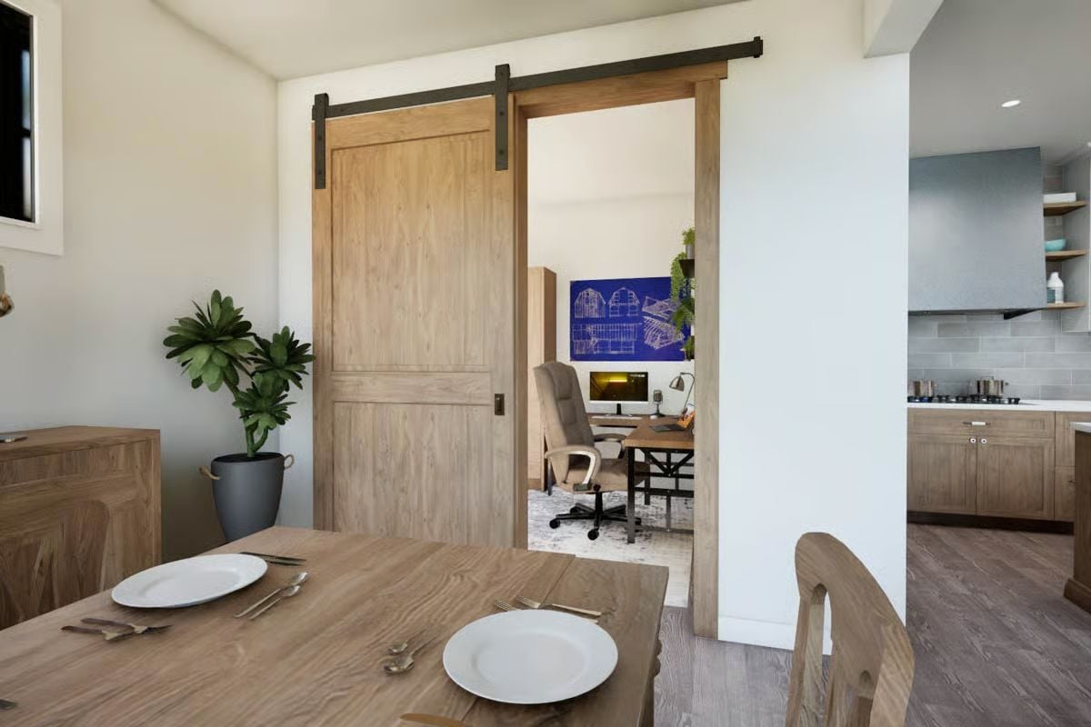 Sliding Barn Door Between Dining and Home Office Does the Heavy Lifting