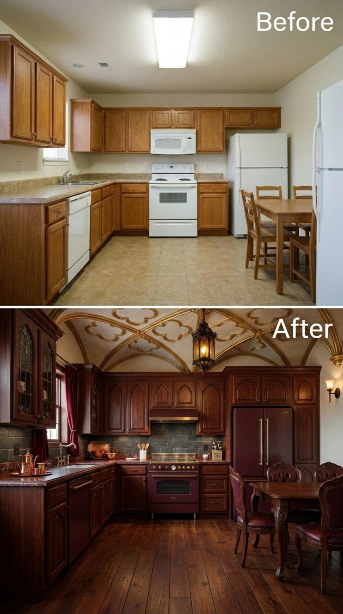Gothic Vault Ceiling, Dark Cherry Cabinets, and a Lantern That Earns Every Inch