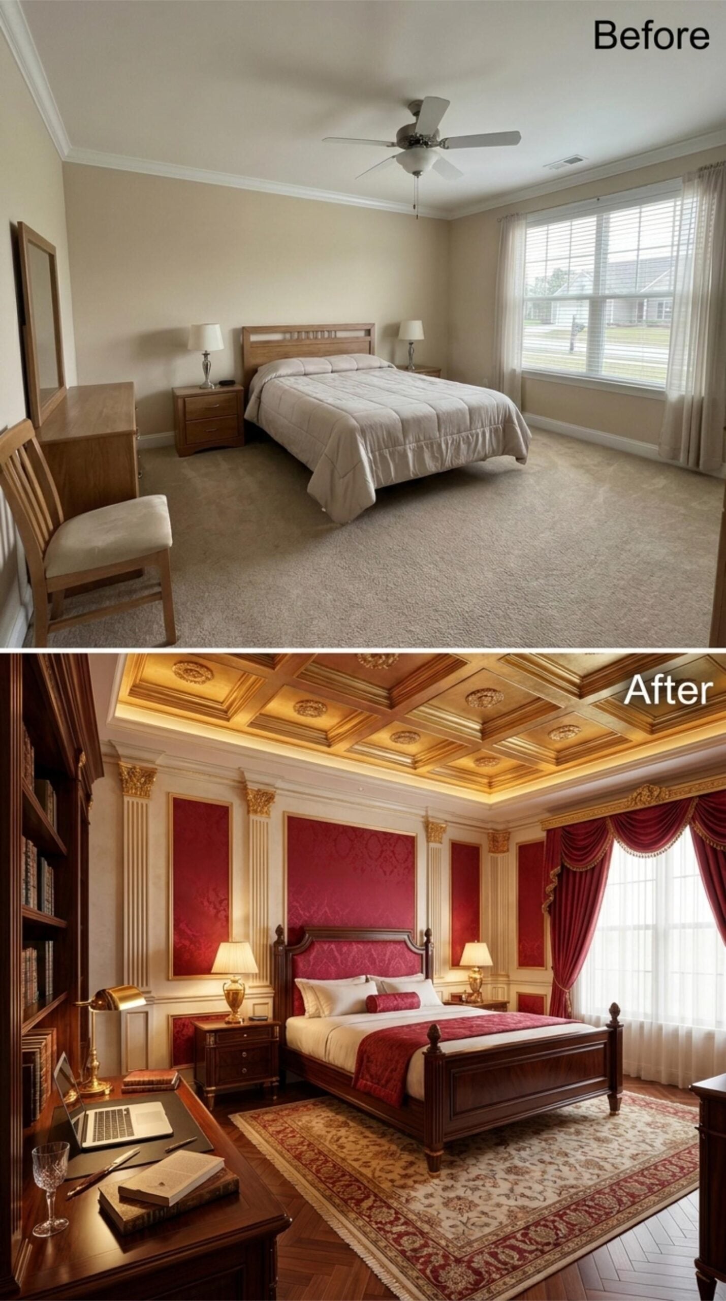 Gold Coffered Ceiling, Crimson Damask Walls, and a Desk That Finally Fits the Room