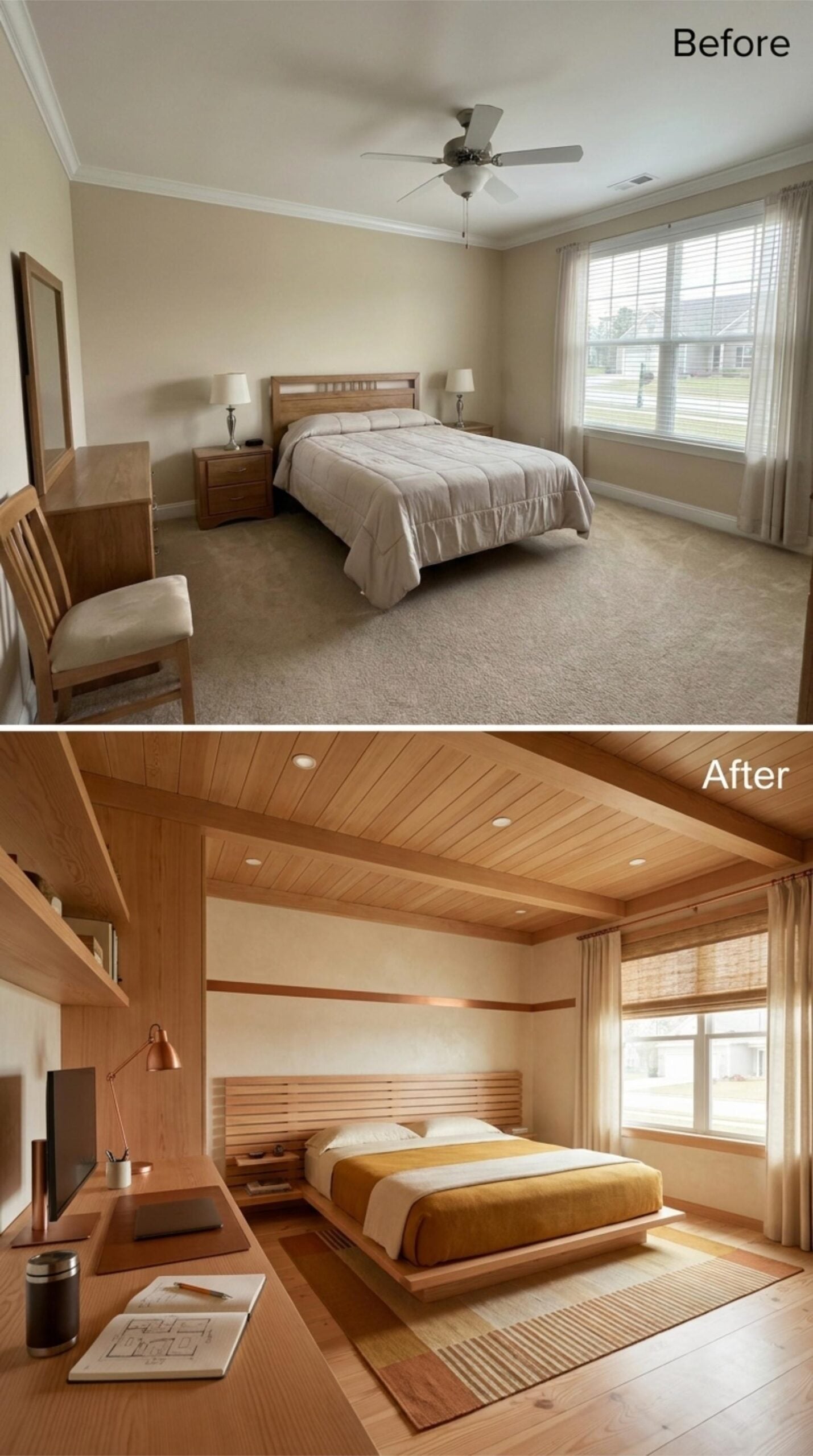 Wood Plank Ceiling, Platform Bed, and a Desk That Actually Lives Here