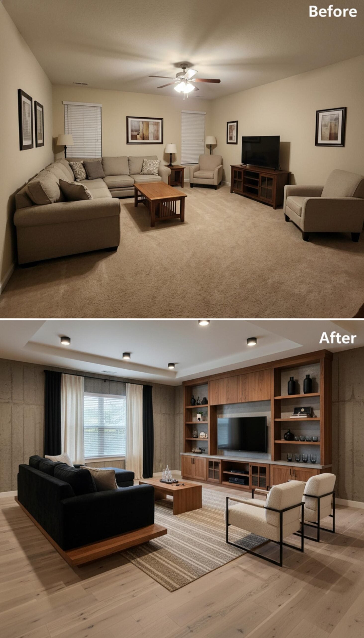 Built-In Entertainment Wall, Tray Ceiling, and Hardwood That Finally Fits the Room
