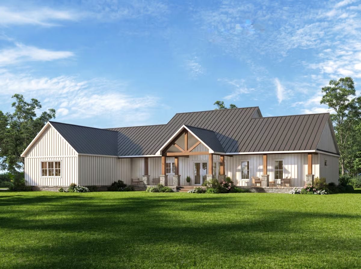 Board-and-Batten Exterior with Timber Gable Entry and Wraparound Porch