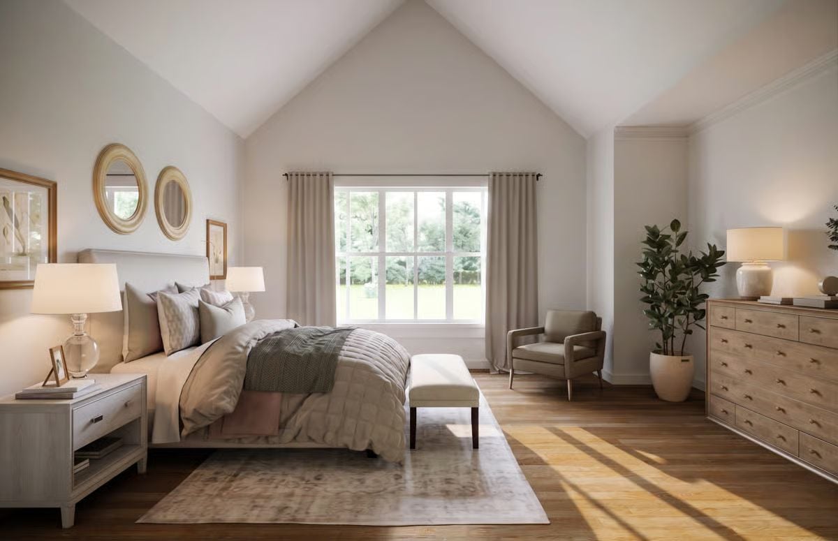 Vaulted Ceilings and Warm Wood Floors Give This Master Bedroom Room to Breathe
