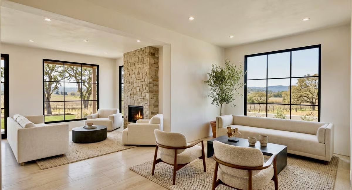 Stone Fireplace, Bouclé Chairs, and Vineyard Light Pouring In
