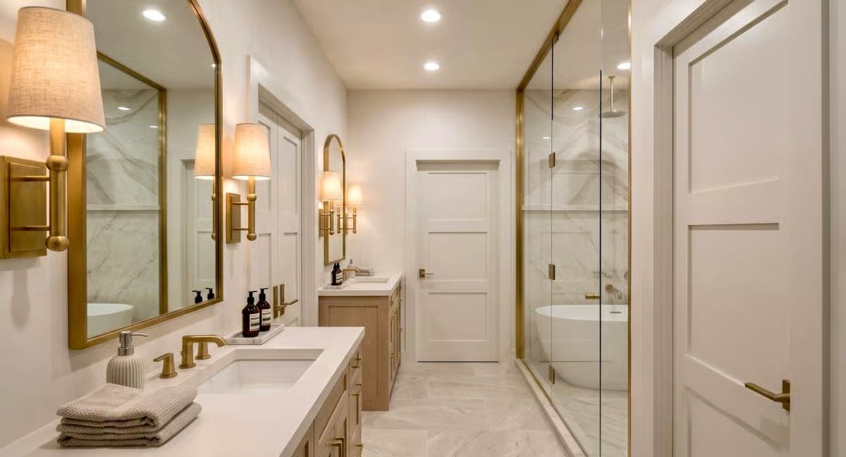 Brass Fixtures, Marble Walls, and a Freestanding Tub Behind Glass