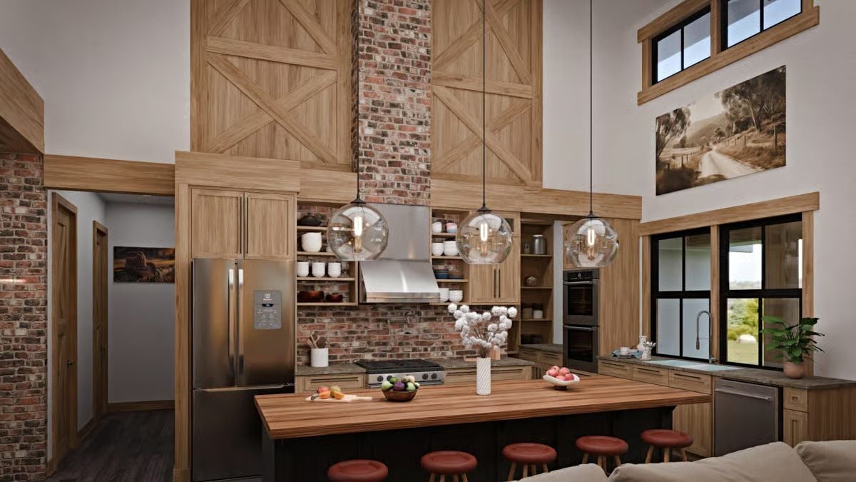 Butcher Block Island and Globe Pendants Give This Kitchen Its Character