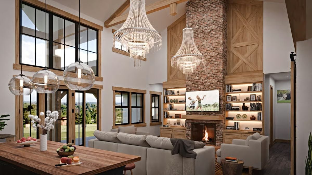 Crystal Chandeliers and Brick Chimney Pull Off a High-Contrast Living Space
