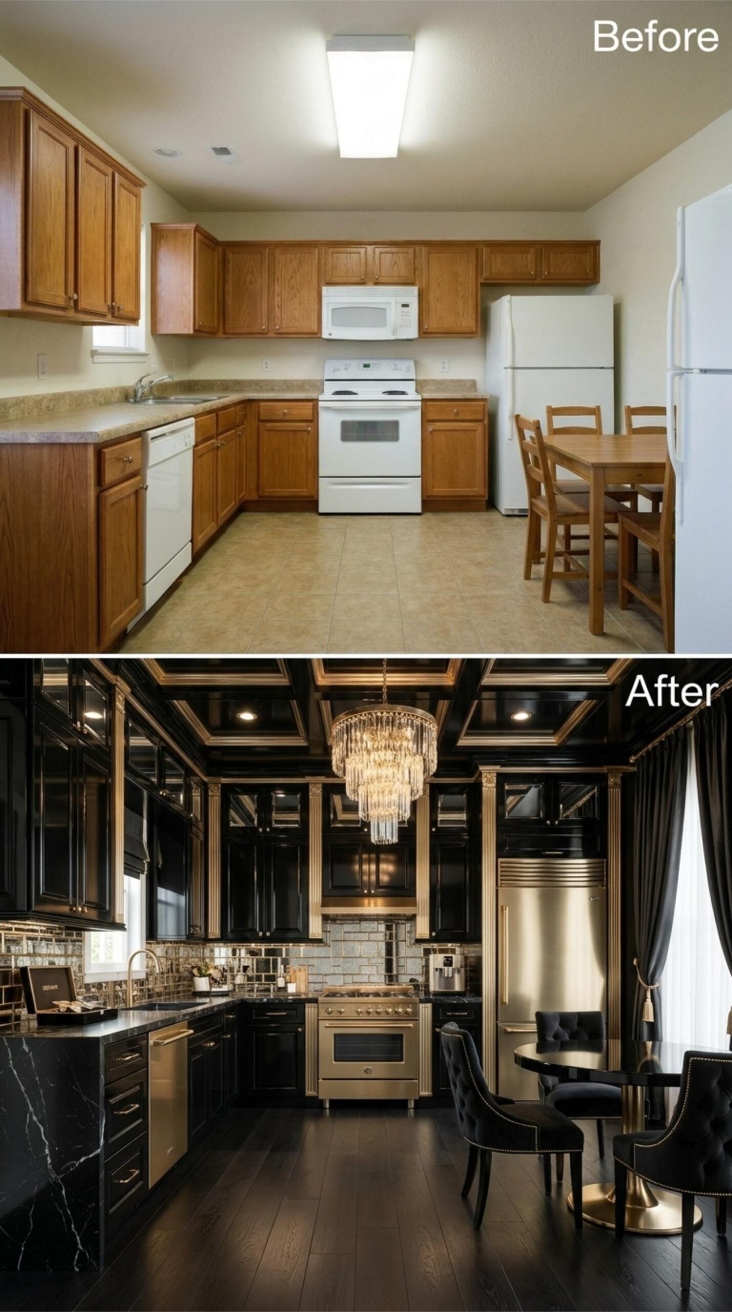 Black Lacquer, Gold Trim, and a Chandelier That's Not Here to Be Subtle
