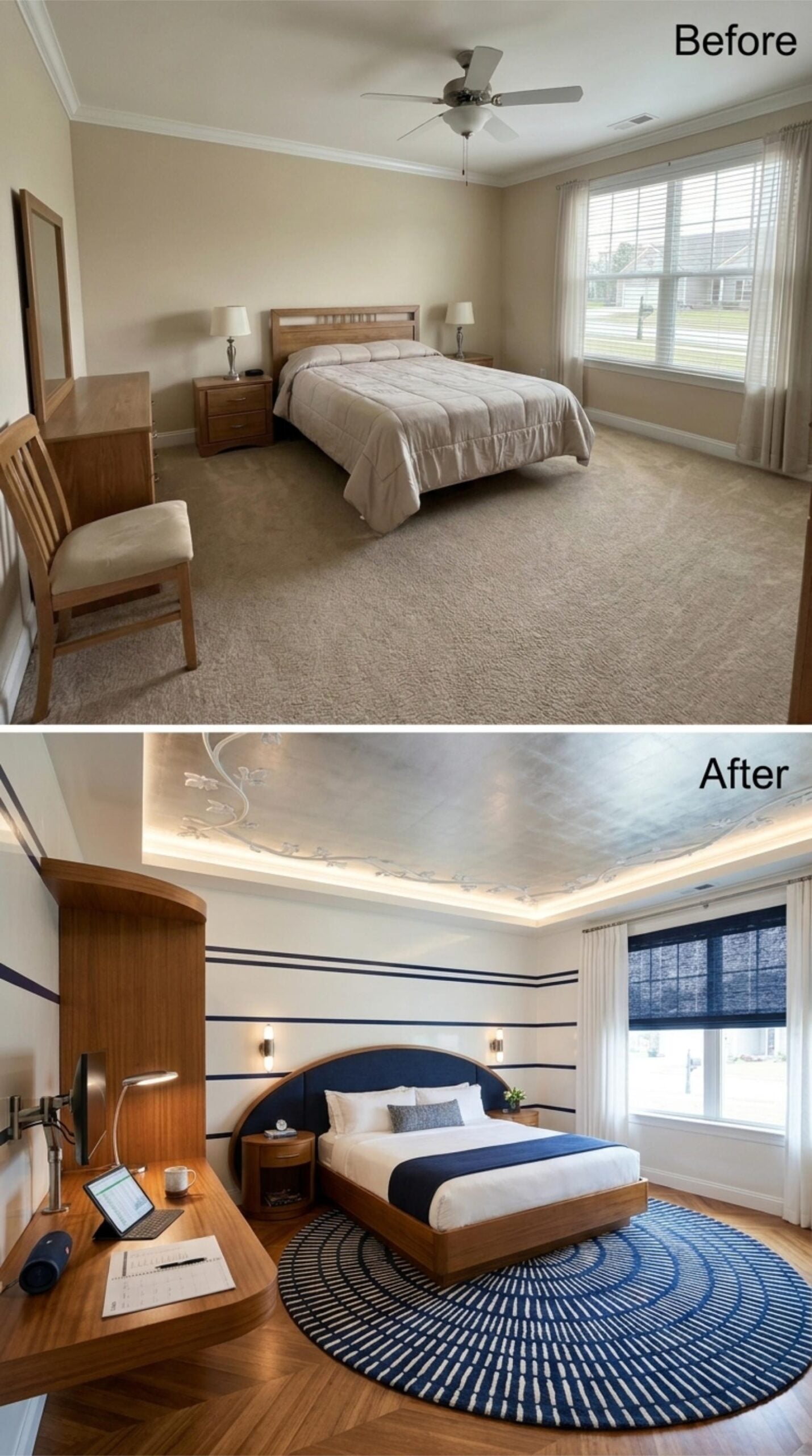 Painted Ceiling Mural, Navy Upholstered Bed, and a Desk That Holds Its Own