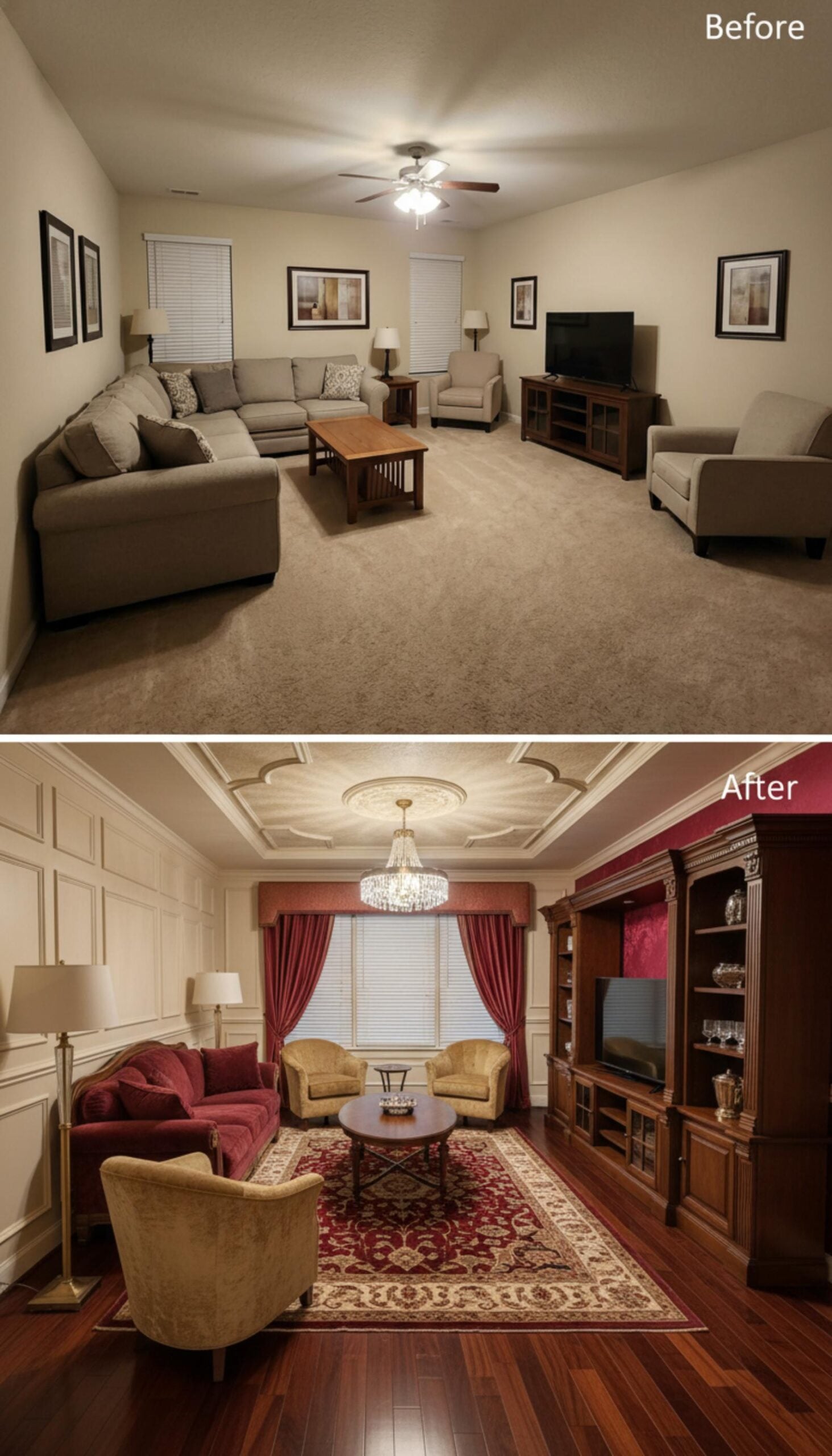 Crystal Chandelier, Coffered Medallion, and Red Velvet That Commits Fully