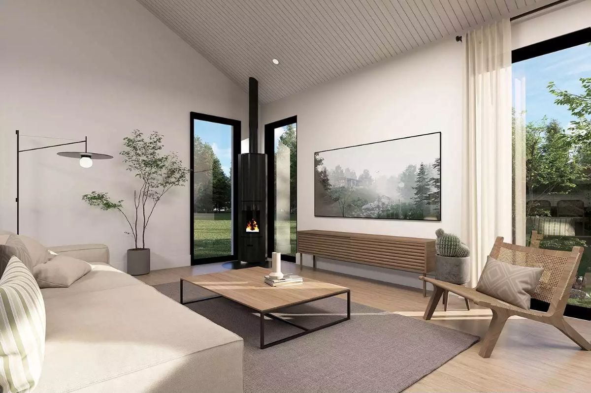 Freestanding Wood Stove Anchors a Living Room Built for Real Life