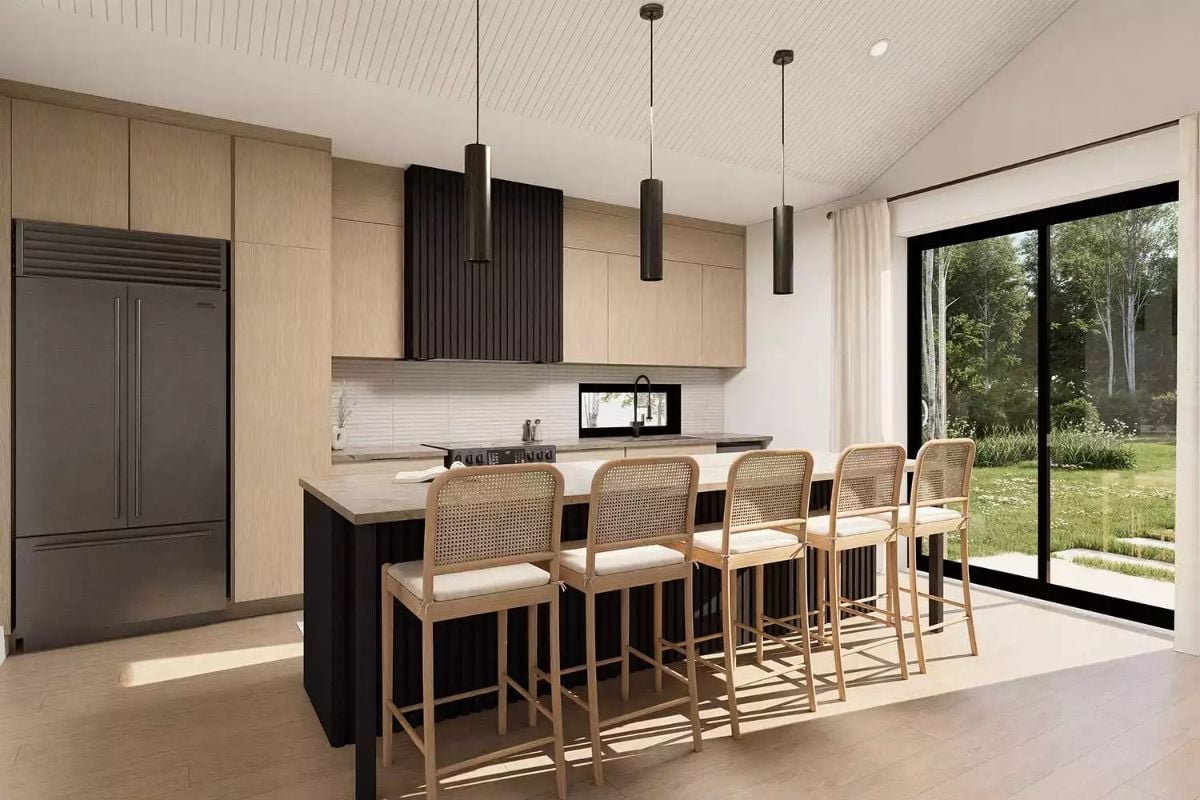 Rattan Barstools and Dark Island Panels Pull This Kitchen in Two Directions