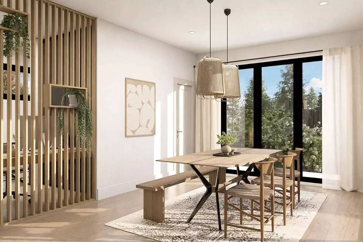 Slatted Wood Divider and Rattan Pendants Shape a Dining Room Worth Lingering In