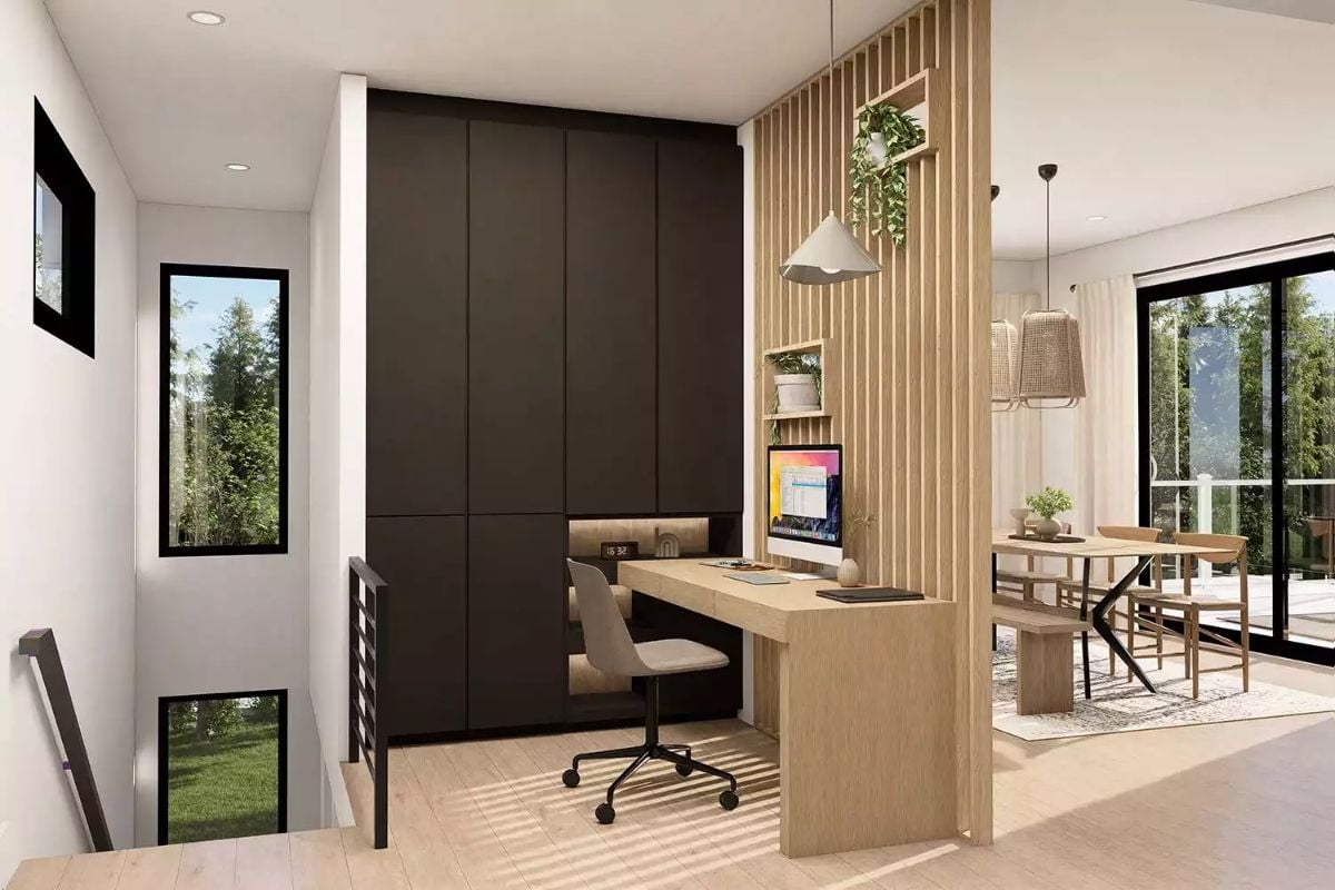 Slatted Wood Partition Carves a Home Office Out of Open Air