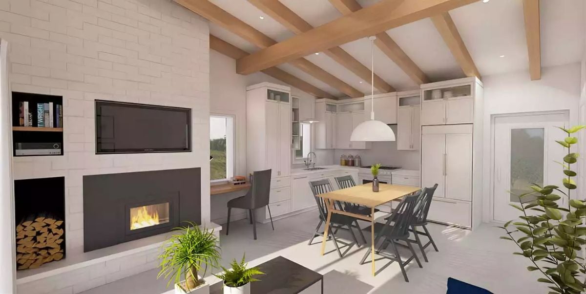 Exposed Beams and a Fireplace Wall Keep This Open Plan Grounded