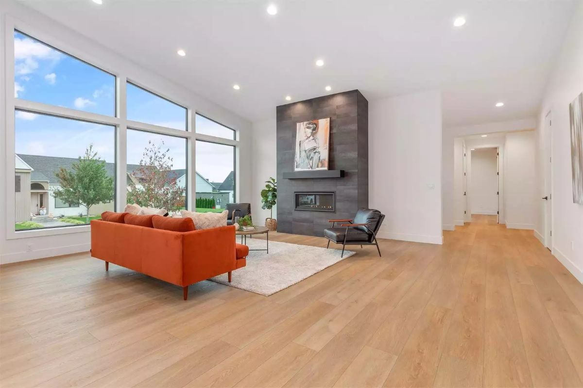 Rust Velvet Against Gray Tile — Living Room with a Point of View