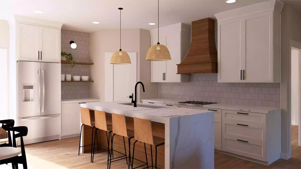 Rattan Pendants and a Wood Range Hood Bring Warmth to an All-White Kitchen