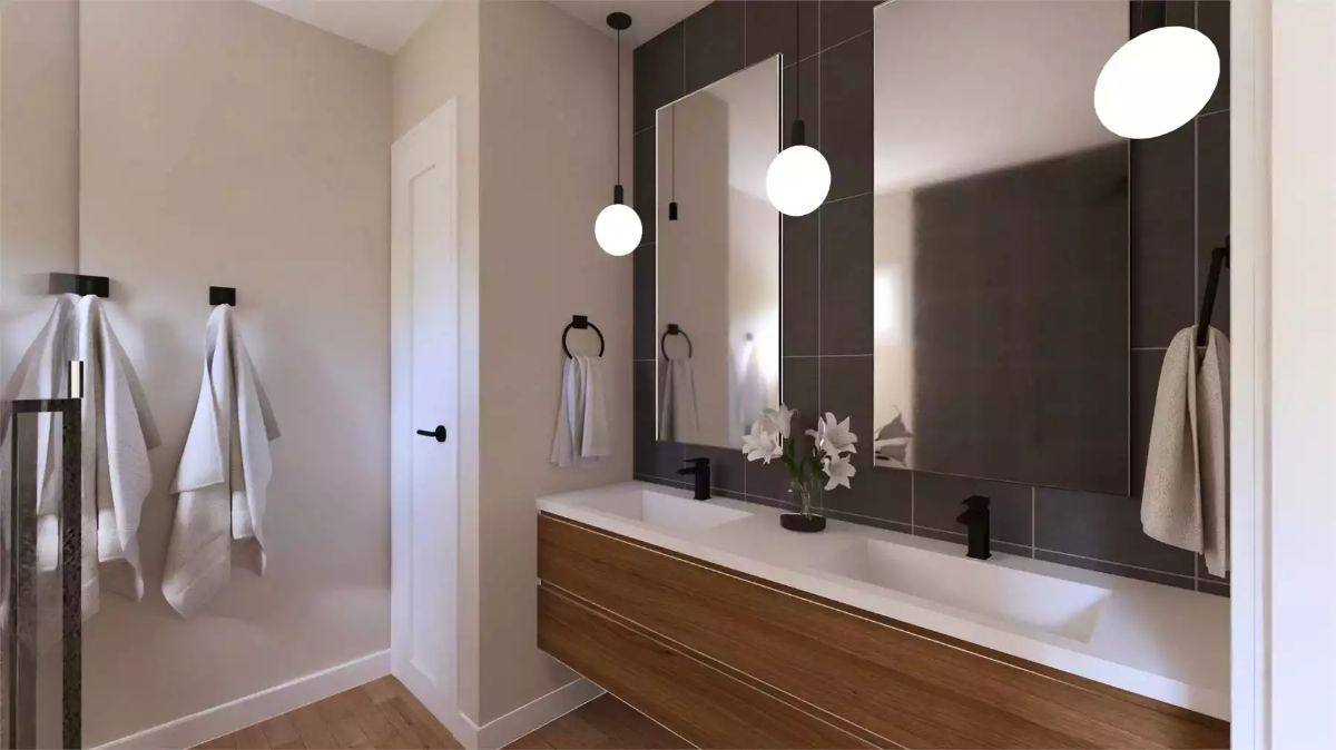 Globe Pendants and a Floating Vanity Nail the Modern Bathroom Formula