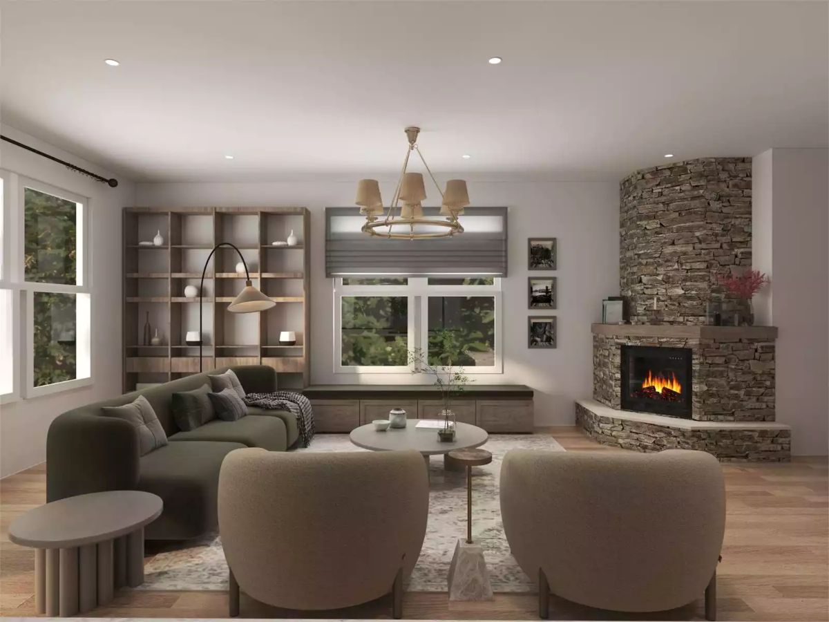 Curved Stone Fireplace Anchors a Living Room Built for Real Comfort