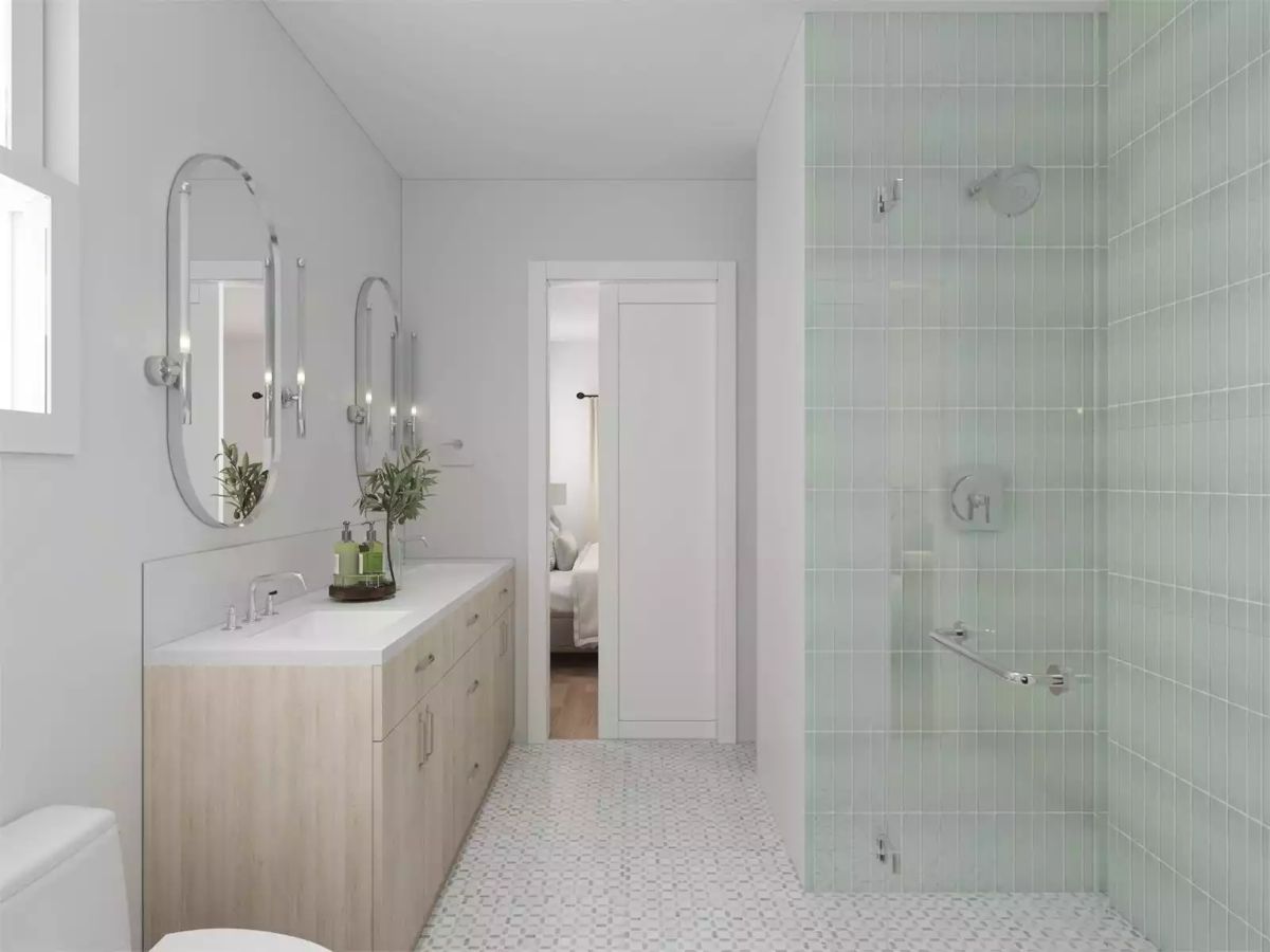 Mint Green Tile and Warm Wood Vanity Keep This Ensuite Feeling Fresh