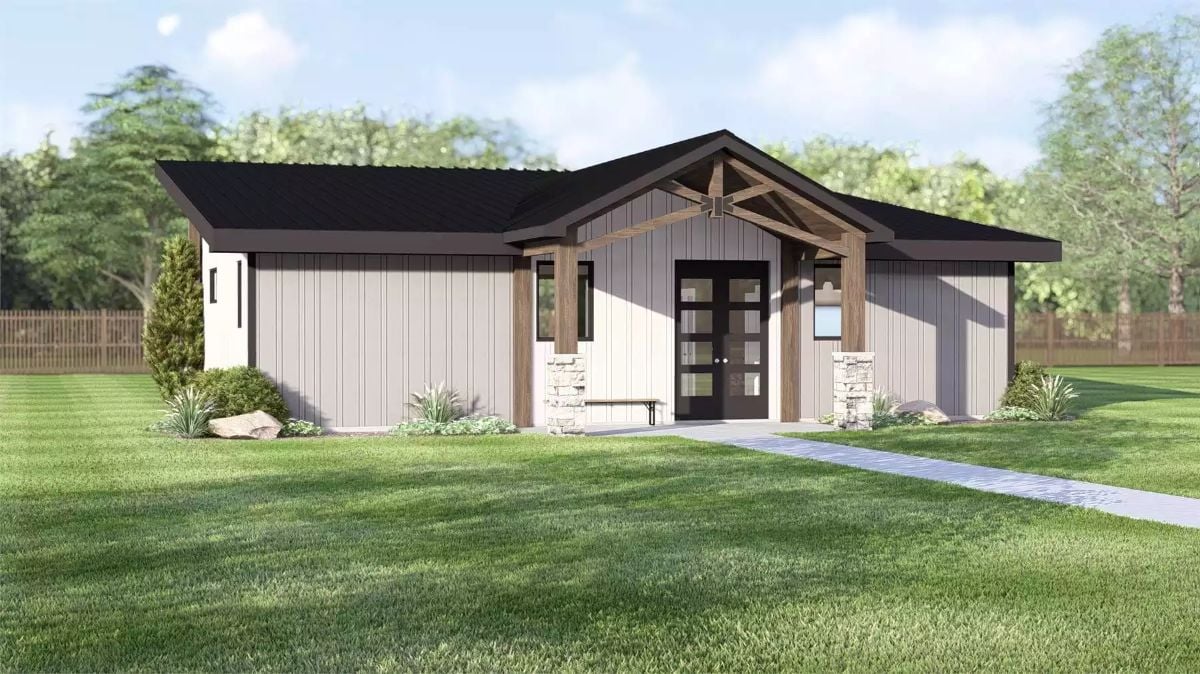 Wood Truss Porch Entry Anchors a Modern Farmhouse Facade