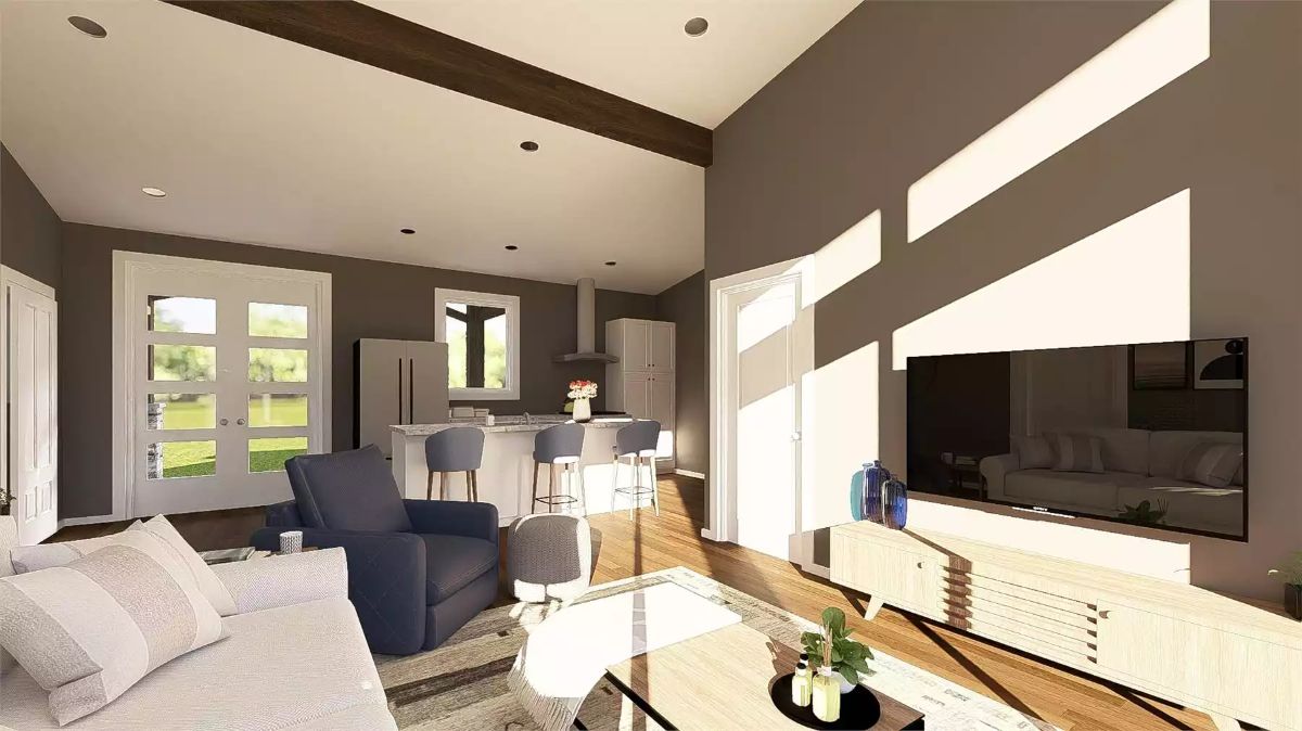 Sunlit Open Living Space Flows Straight Into the Kitchen