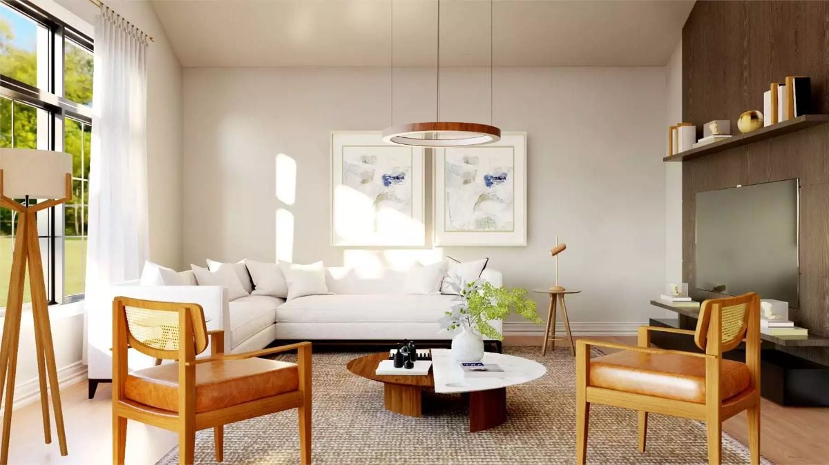 Warm Leather and Rattan Find Common Ground Around a Marble Coffee Table