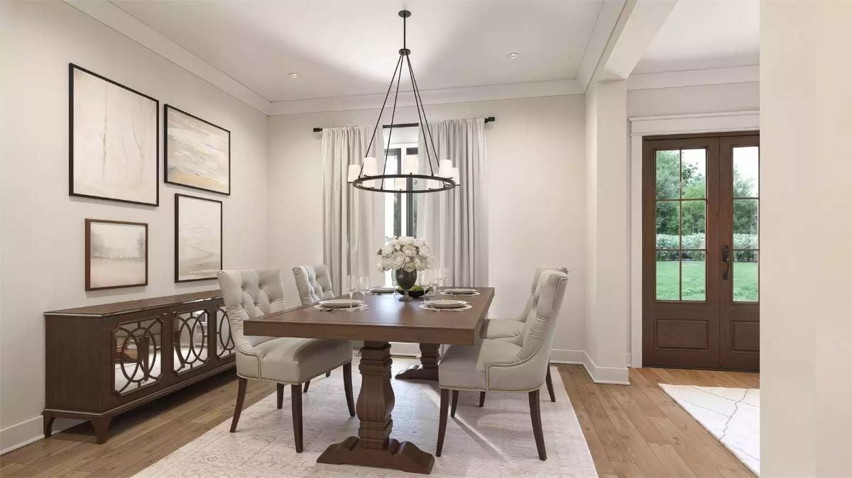 Tufted Chairs and a Trestle Table Make Formal Dining Feel Lived-In