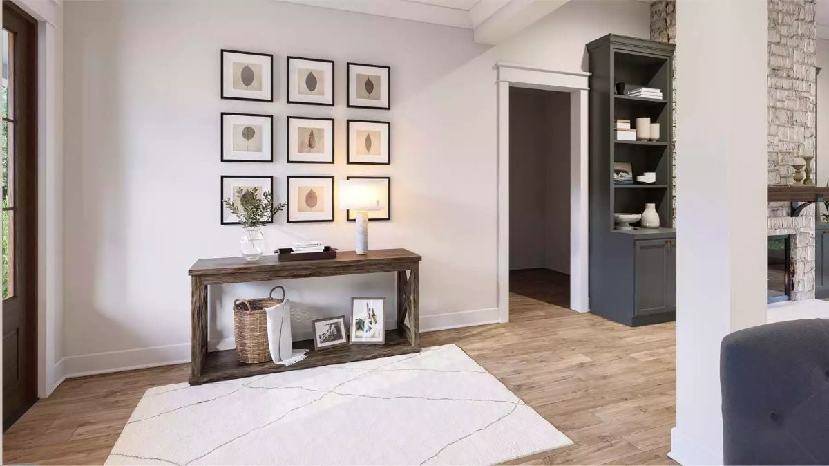 Botanical Grid and Warm Wood Set the Tone at Entry
