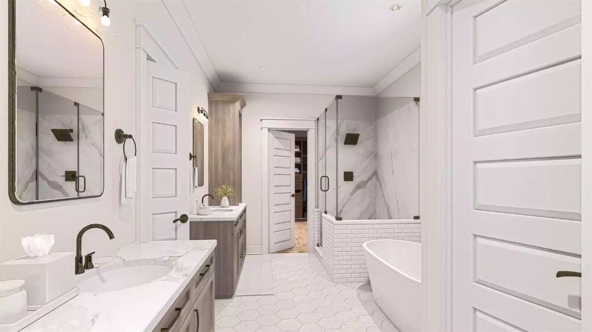 Dual Vanities and Freestanding Tub Make This Primary Bath Feel Like a Retreat
