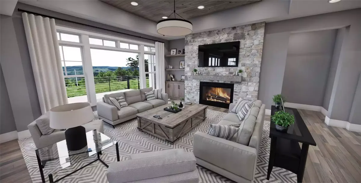 Stone Fireplace Wall Anchors a Living Room Built for Real Life