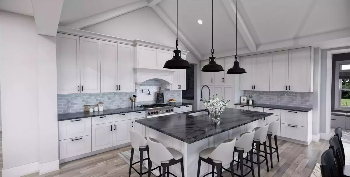 Black Pendant Lights Pull the Kitchen's Dark Countertops Into Focus