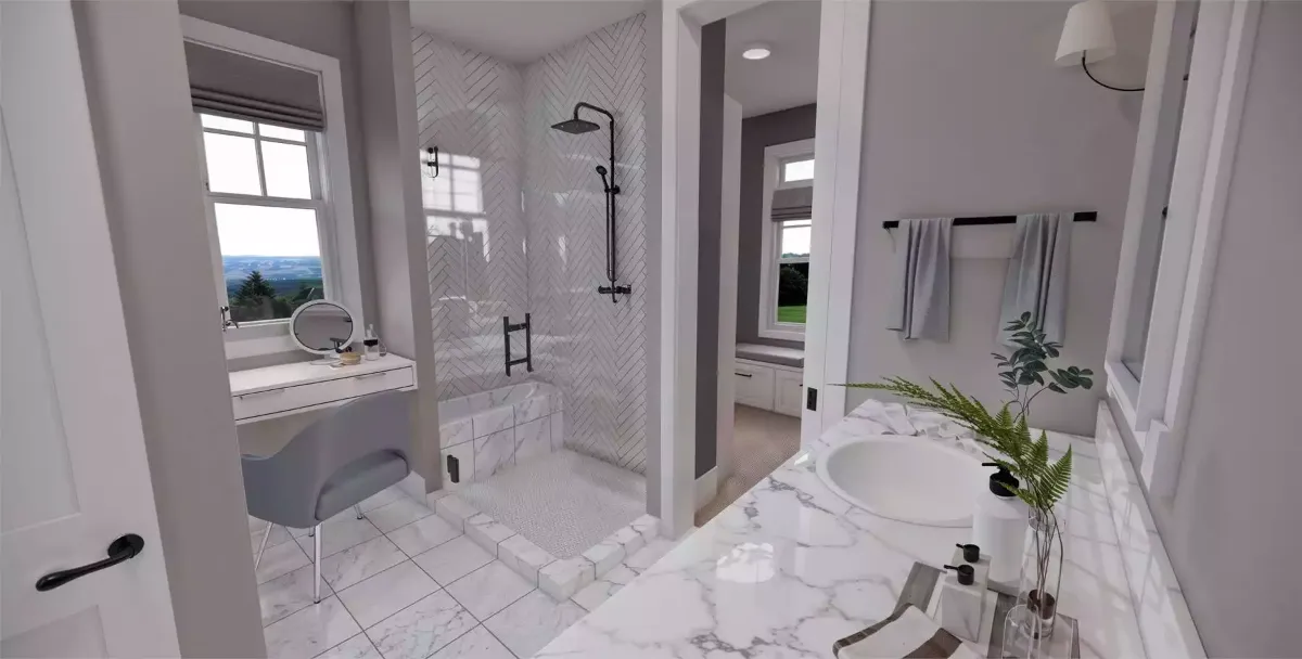 Herringbone Shower Tile and Matte Black Fixtures Do the Heavy Lifting Here