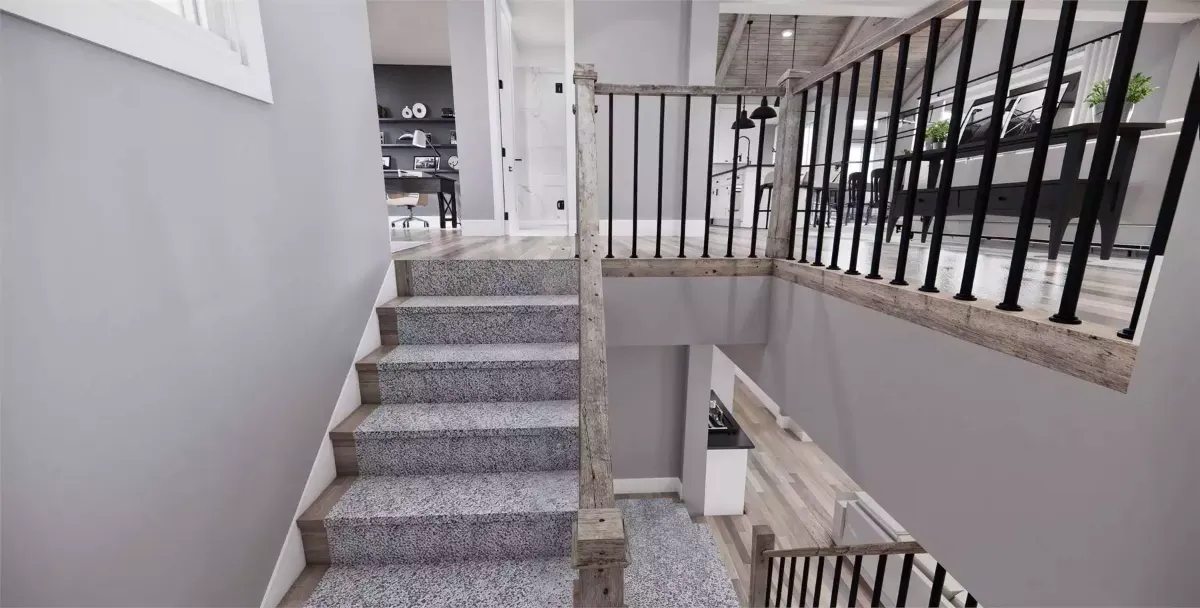 Reclaimed Wood Newel Posts Give This Staircase Its Backbone