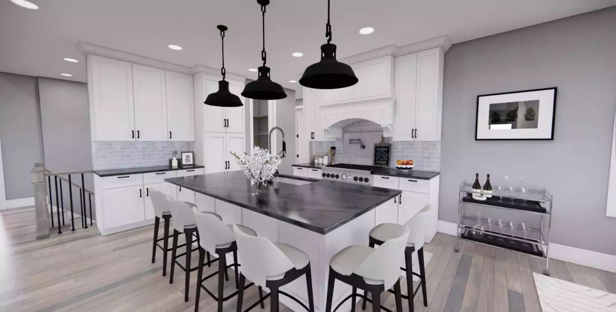 Black Pendants and Dark Countertops Ground an All-White Kitchen