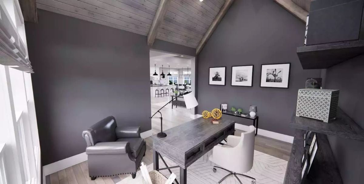 Vaulted Beams and Dark Walls Make a Home Office Feel Like It Means Business